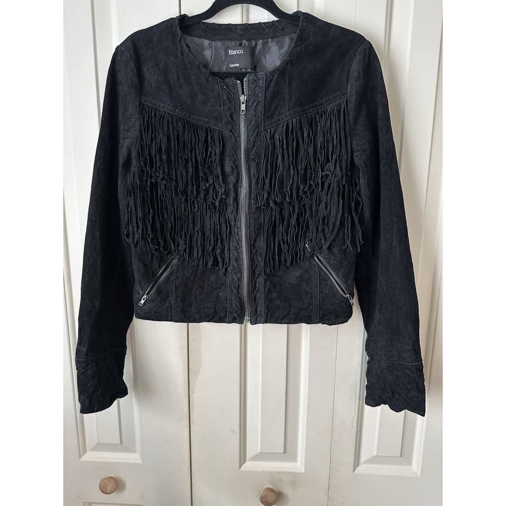 Blanco Leather Fringe Jacket Black SIZE LARGE